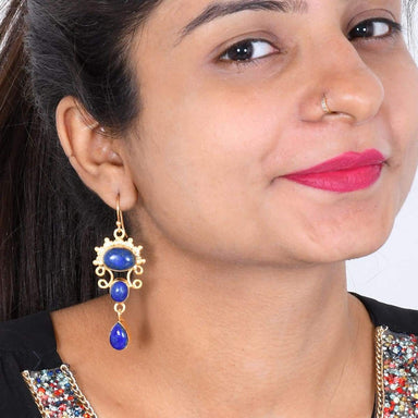 Indian Made In 18K Gold Vermeil Genuine Lapis Lazuli Gemstone Modern Earrings - by Bhagat Jewels