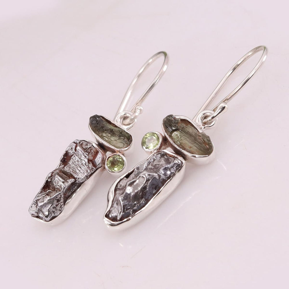 earrings Genuine Moldavite Peridot And Meteorite Rough Gemstone Handmade Solid Silver Earring - by Rajtarang