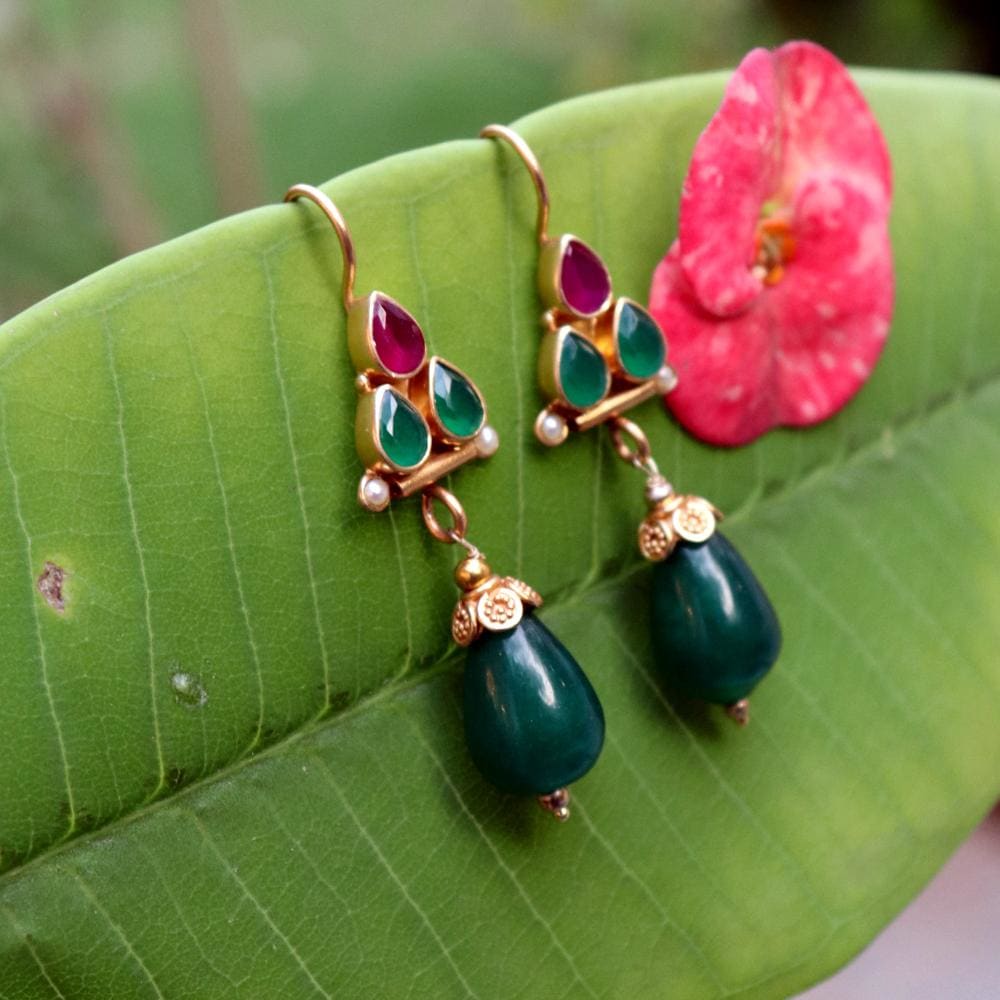 earrings Genuine Ruby Emerald Green Onyx Gemstone 925 Sterling Silver 22K Gold Plated Handmade Dangle Drops Earrings Jewelry For Gift - by 