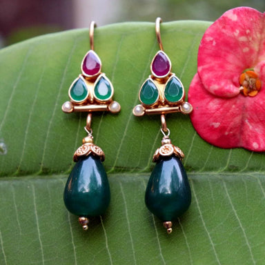 earrings Genuine Ruby Emerald Green Onyx Gemstone 925 Sterling Silver 22K Gold Plated Handmade Dangle Drops Earrings Jewelry For Gift - by 