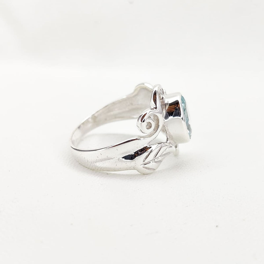 Genuine Swiss Blue Topaz Oval Ring in Sterling Silver Natural March Leaves around Ring All Size - by Uniquesilverzone