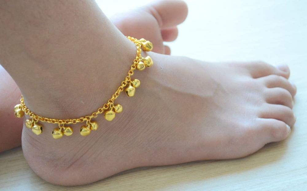 anklets Gold Bell Anklet Indian Wedding Payal Barefoot accessory Ethnic bridal jewelry for her - by Pretty Ponytails