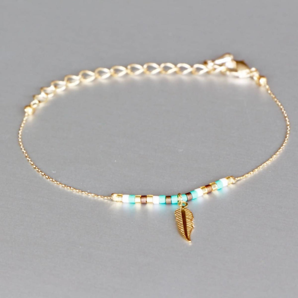 bracelets Gold Bracelet Delicate Charm Minimal Jewelry,Gold Dipped Feather Boho,Wrist Chain Gold& Beads MB1 - by Silver Soul Charms