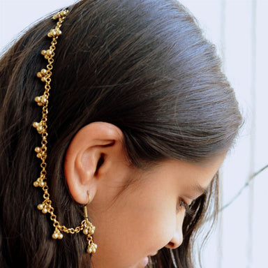 Gold Earring with Hair Chain Simple Indian Jewelry Traditional Rajasthani Ghungroo Jhumka - by Pretty Ponytails