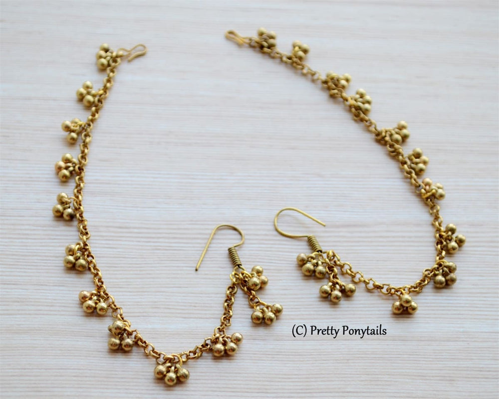 Gold Earring with Hair Chain Simple Indian Jewelry Traditional Rajasthani Ghungroo Jhumka - by Pretty Ponytails