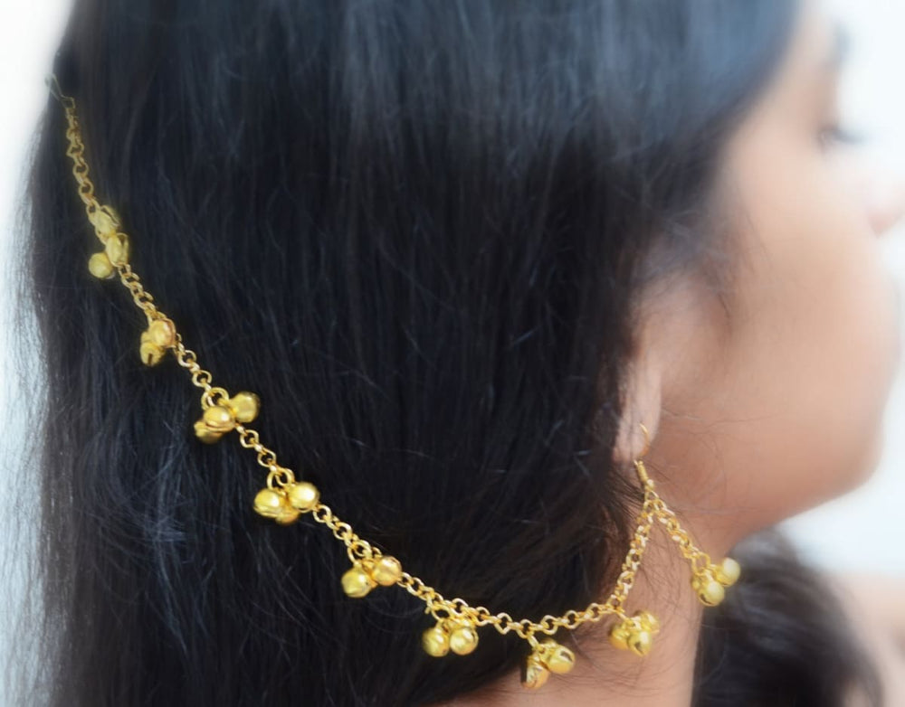 Gold Earring with Hair Chain traditional Rajasthani ghungroo jhumka supporting Ear or Kaan Sahara - by Pretty Ponytails