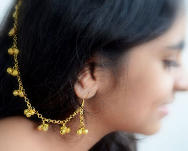 Gold Earring with Hair Chain traditional Rajasthani ghungroo jhumka supporting Ear or Kaan Sahara - by Pretty Ponytails