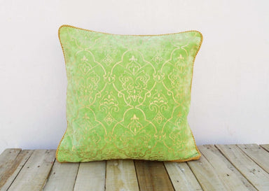 Gold Foil Printed Stone Washed Cotton Velvet Pillow Cover Damask Green Color Twisted Chord Edging Bohemian Standard Size 16x16 - By Vliving