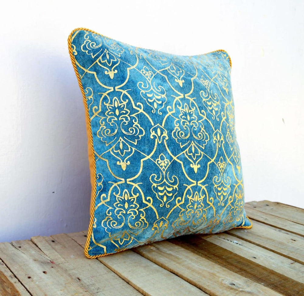 Gold Foil Printed Stone Washed Cotton Velvet Pillow Cover Damask Wedgewood Blue Twisted Chord Edging Bohemian Standard Size 16x16 -