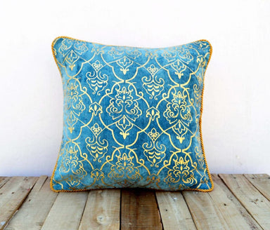 Gold Foil Printed Stone Washed Cotton Velvet Pillow Cover Damask Wedgewood Blue Twisted Chord Edging Bohemian Standard Size 16x16 -