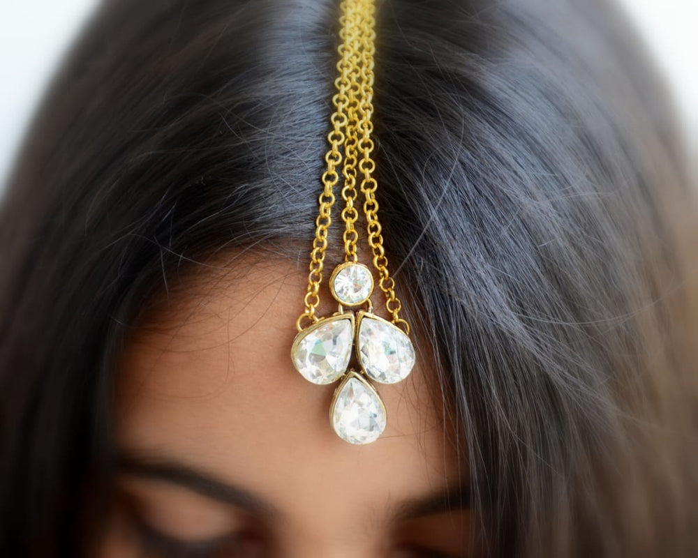 hair accessories Gold Kundan Maang Tikka Headpiece for Indian Wedding Bridal Headchain Rajasthani Matha Patti - by Pretty Ponytails