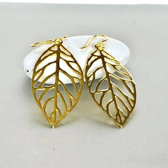 Earrings Gold Leaf Sterling Silver Dangle Bohemian Jewelry Gift (E202) - by OneYellowButterfly