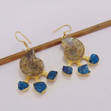 earrings 18K Gold Plated Fossil Ammonite And Apatite Gemstone Large Dangle Earrings - by Bhagat Jewels