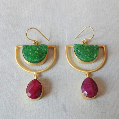 18K Gold Plated Half Moon Druzy And Ruby Corundum Gemstone Stylish Earrings