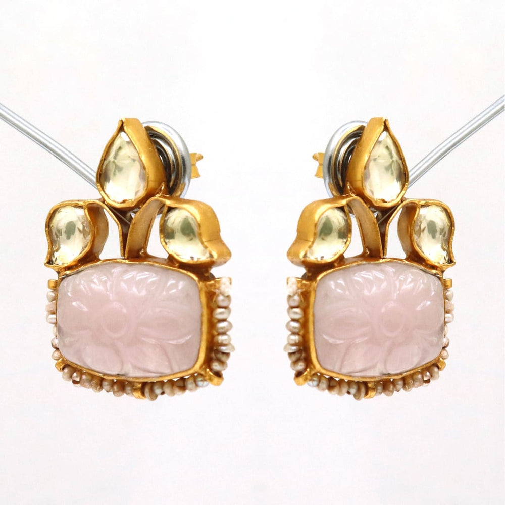 18k Gold Plated Rose Quartz Earring,925 Silver Party Wear Earring - By Vidita Jewels
