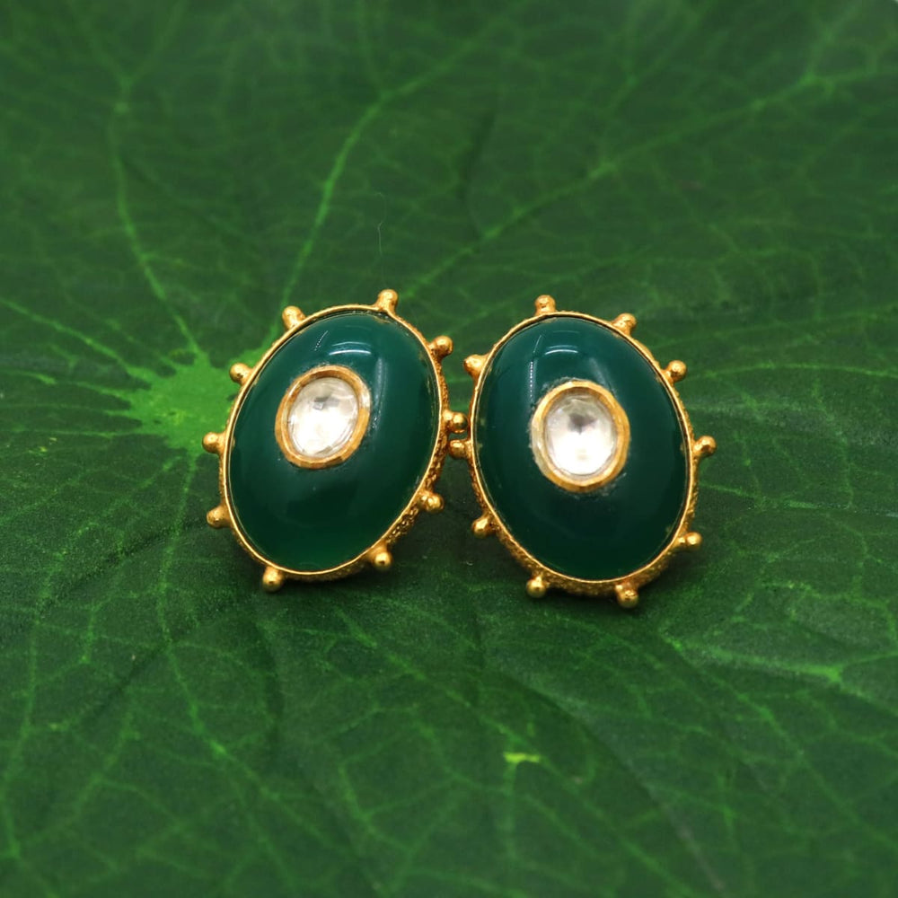 18k Gold Plated Silver Earring 925 With Green Onyx Natural Stone Indian Handmade Jewelry Traditional For Woman - By Vidita Jewels