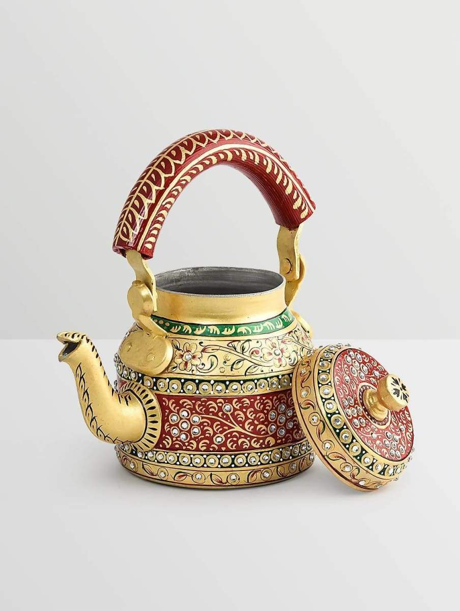 Painted Teapots Golden and Red Hand Tea Pot in Aluminium