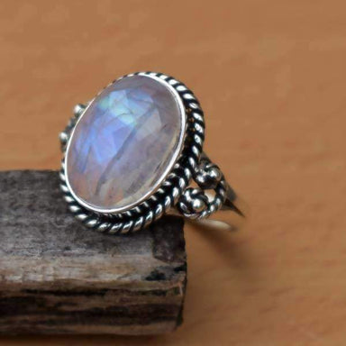 Rings Gorgeous AAA Moonstone Ring,Oval Faceted MoonStone Silver Ring,Blue Flash Ring,Rainbow Ring,Gemstone June Birthstone,Handmade Ring