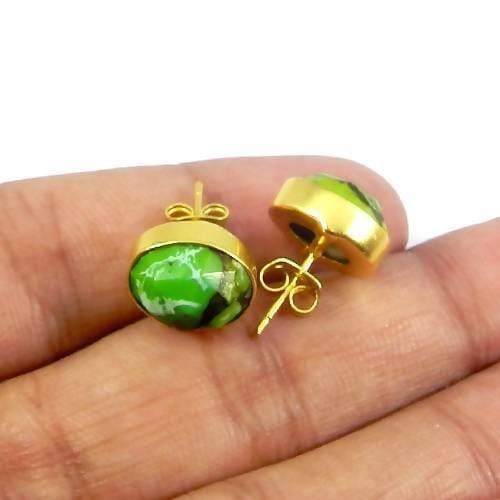 Earrings Green Copper Mohave Turquoise Gold Plated Bezel Set Stud Earring