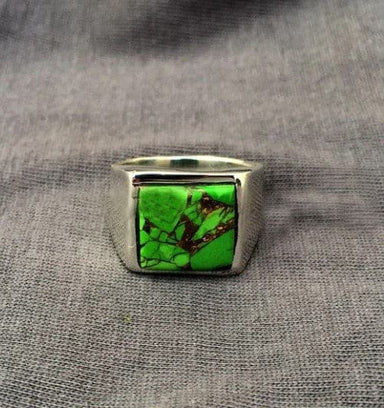 Green Copper Turquoise Ring Solid 925 Sterling Silver For Mens Gemstone Huge Designer Handmade Signet - By Girivar Creations
