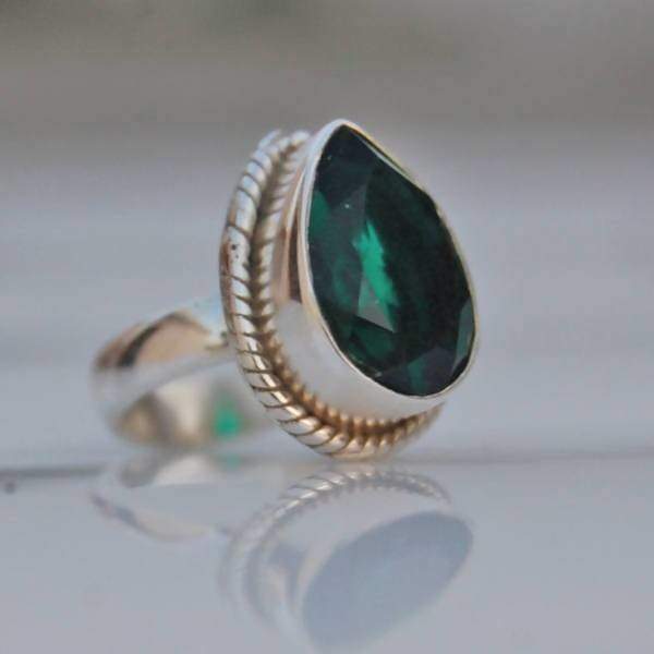 Green Dioptase Stone Silver Drop Ring - Rings