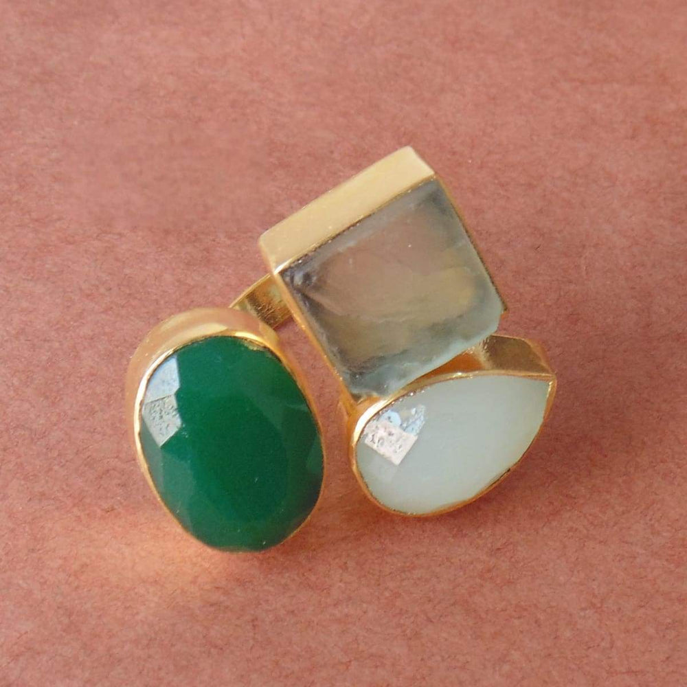 Green Onyx Aqua Chalcedony And Fluorite Multi Stone Designer Ring In 18K Gold Plated