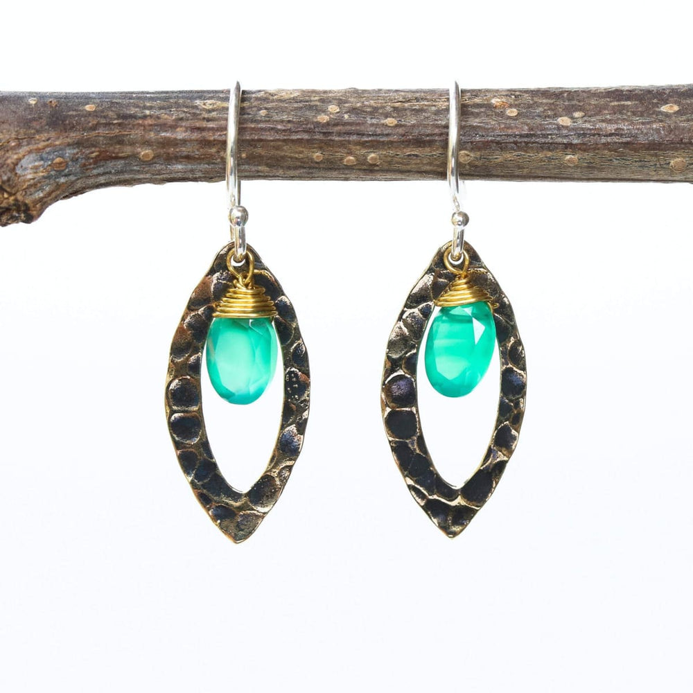 Green Onyx Earrings and Oxidized Brass Marquis Shape in Hammer Textured on Sterling Silver Hook Style - by Metal Studio Jewelry