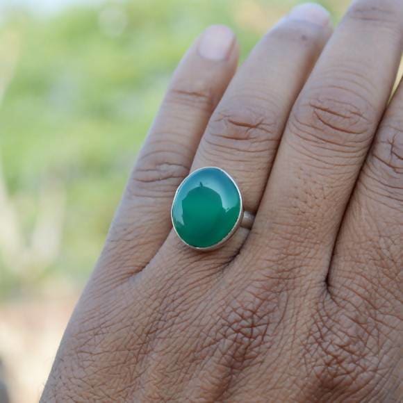 rings Green Onyx Gemstone Ring Natural Bezel Set Unique Gift Statement Silver Jewelry Nickel Free - by NativeFineJewelry