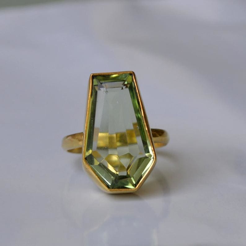 Green Prasiolite Quartz Gemstone Coffin Shape 925 Sterling Silver Ring Jewelry Handmade