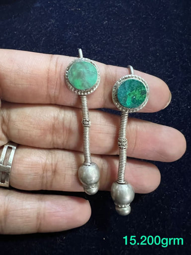 Green Stone 925 Sterling Silver Dangle Earrings Exquisite Antique Vintage Handmade Jewelry Gift for her - by Vidita Jewels