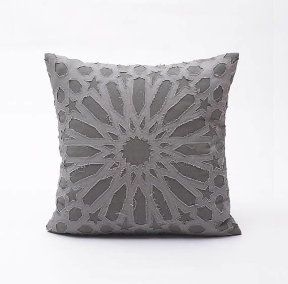Grey Cotton Pillow Cover Geometric Arabesque Applique Bright Pink Cushion 16x16 - By Vliving