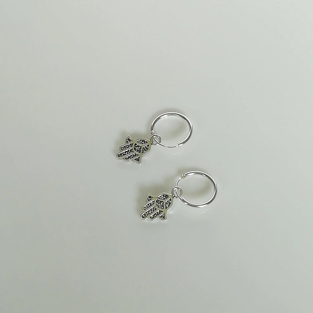 earrings Hamsa Charm Hoops - Silver - Wanderlust - Tiny Earrings - Open Hoop - Talisman - Hand - G29 - by NeverEndingSilver
