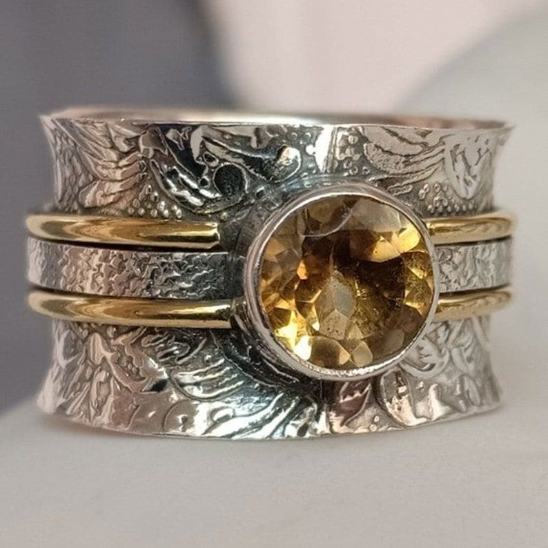 rings Hand Carved Citrine Silver Spinner Ring - 925 Sterling & Brass - Handmade - Christmas For Gift - by InishaCreation