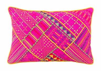 Hand Embroidered Tribal Pink Pillow 14 x 21 inches Welted Cotton - Pillows & Cushions