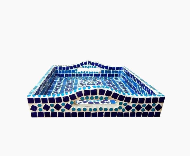 Kitchen & Dining Hand Painted Blue Mosaic Art Tray in White Cement
