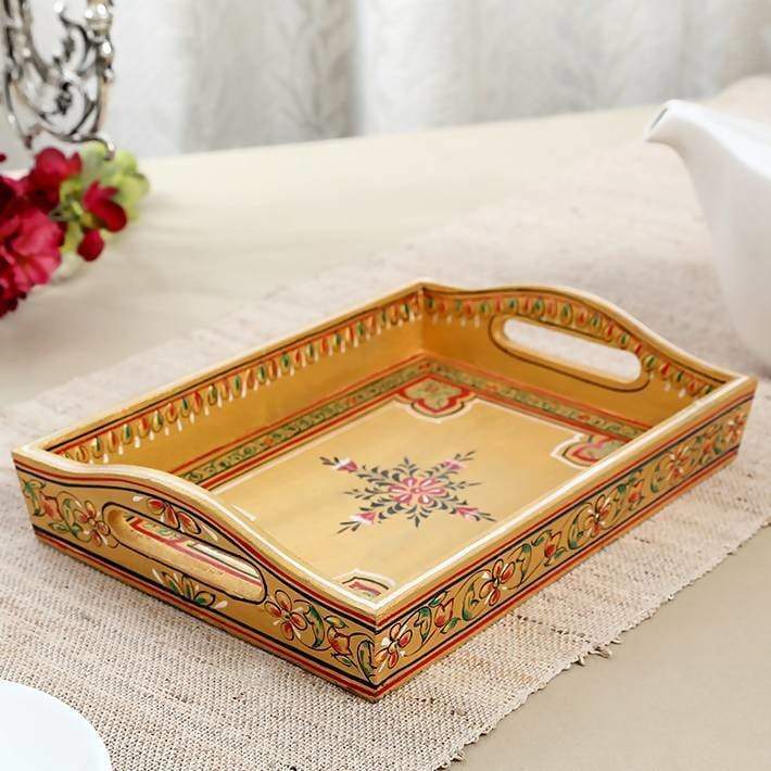 Kitchen & Dining Hand Painted Golden Tray in Wood