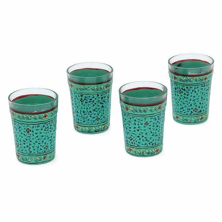 Kitchen & Dining Hand Painted Green Set of Four Tea Glasses in Glass