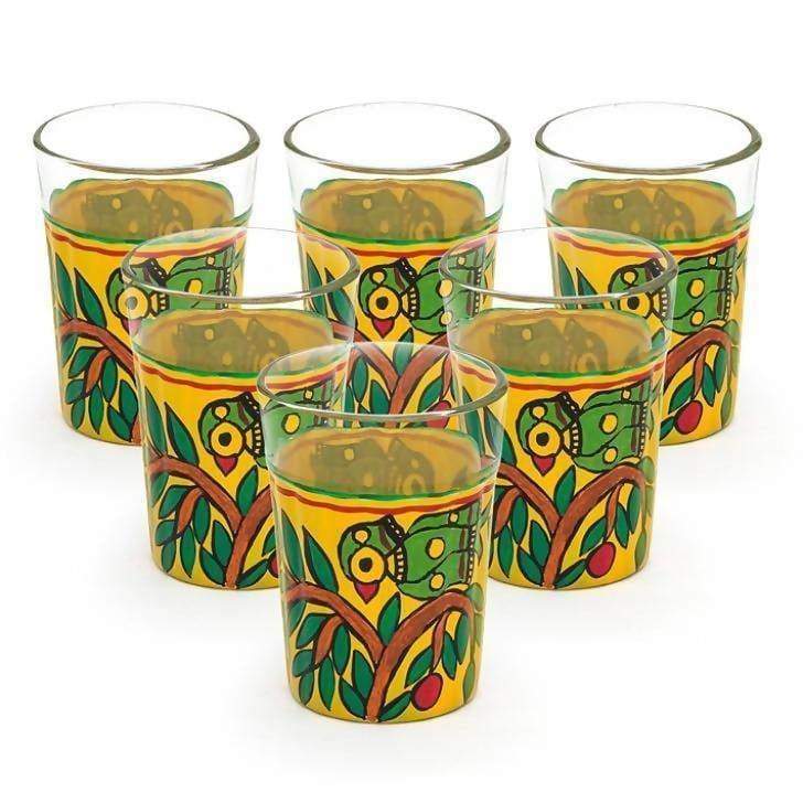 Kitchen & Dining Hand Painted Yellow Set of Six Tea Glasses in Glass