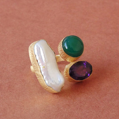 Handcrafted 18K Matte Gold Plated Biwa Pearl Green Onyx And Amethyst Gemstone Cocktail Ring - by Bhagat Jewels