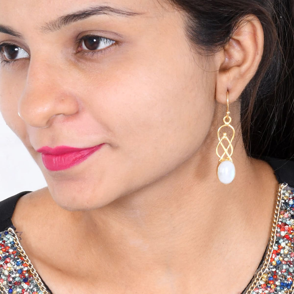 Handcrafted Semiprecious Rainbow Moonstone Oval Shape Drop Earrings For Women - by Bhagat Jewels