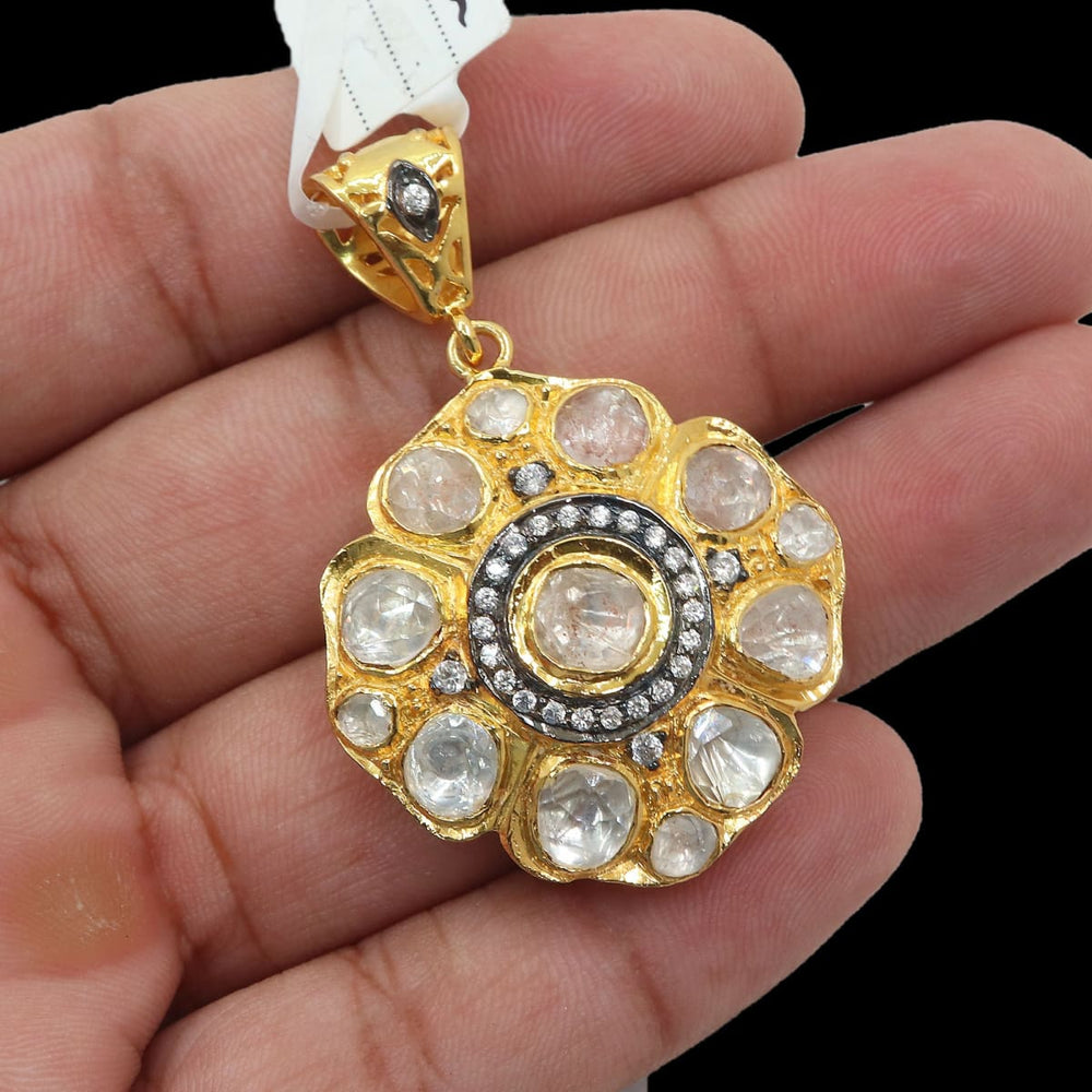 Handmade 925 Sterling Silver Jadau Pendant Polki And Cz Gold Plated With Zircon Locket - By Vidita Jewels
