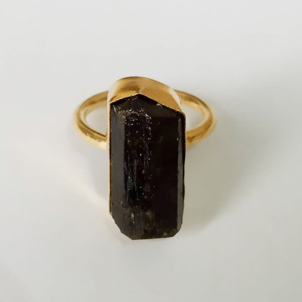 Handmade Black Tourmaline Gemstone Gold Plated Stacking Ring - by Krti Handicrafts