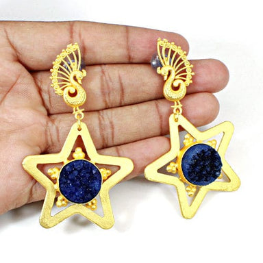 Handmade Blue Druzy Earring-statement Hanging Dangling Women Earrings-gold Plated Jewelry - By Nehal