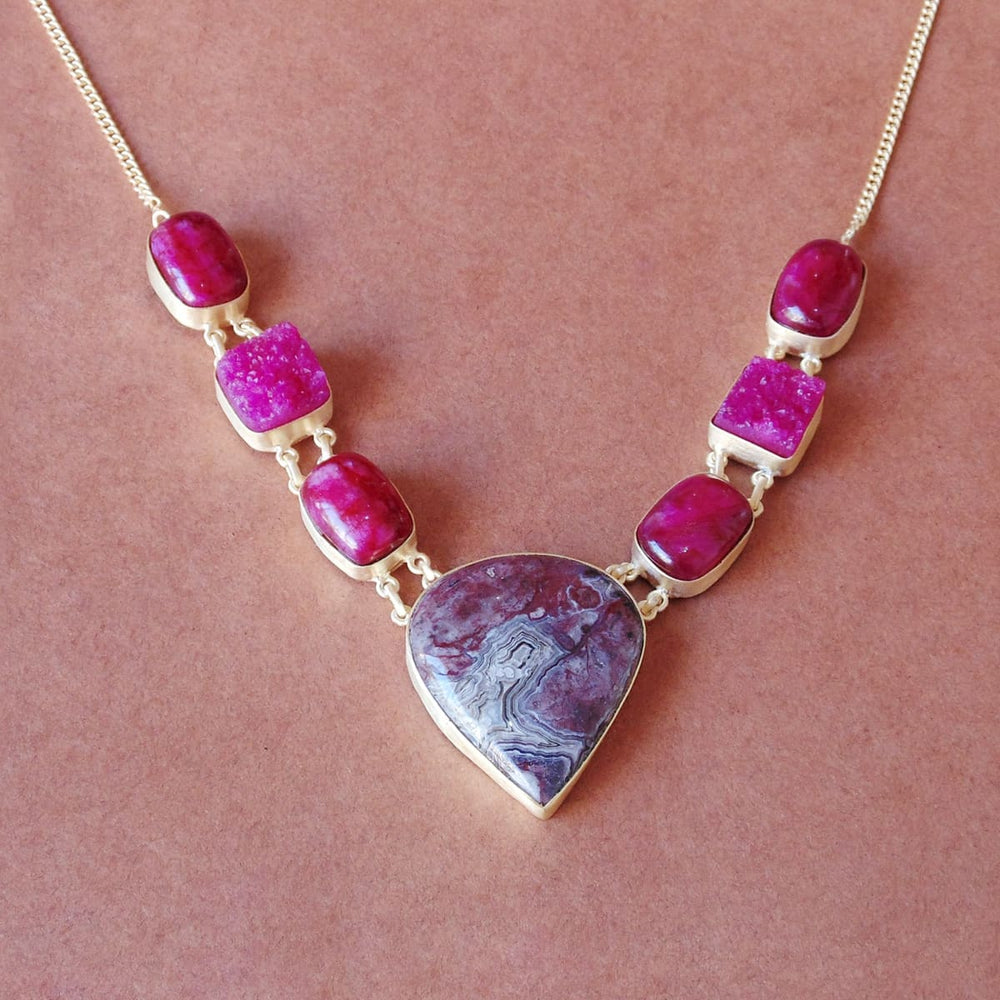 Handmade Ruby Corundum Pink Druzy And Agate Gemstone Bezel Set Wedding Necklace - by Bhagat Jewels