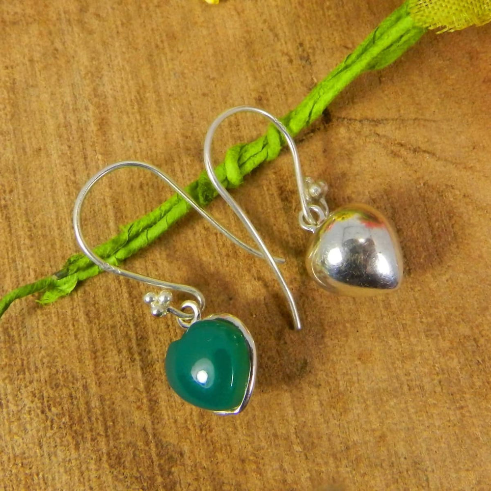 Earrings Heart Shaped Green Onyx 925 Sterling Silver Dangle - by Nehal Jewelry