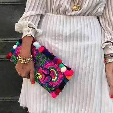 Hmong Multicolored Lou Lou Clutch with Pom Poms - Clutches