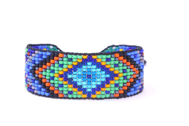 Bracelets Huichol Inspired Beaded Diamond Blue Center Mandala Bracelet