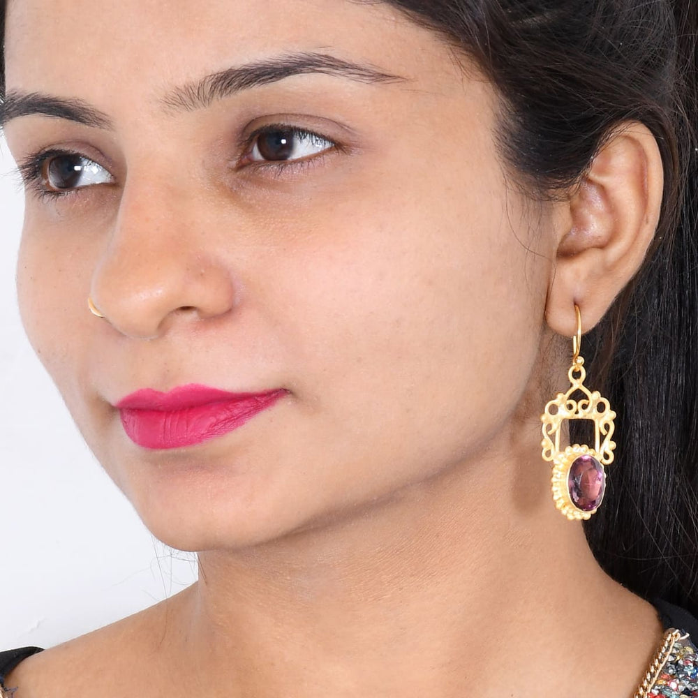 Indian Artisan Handcrafted Purple Amethyst Gemstone Designer Earrings - by Bhagat Jewels
