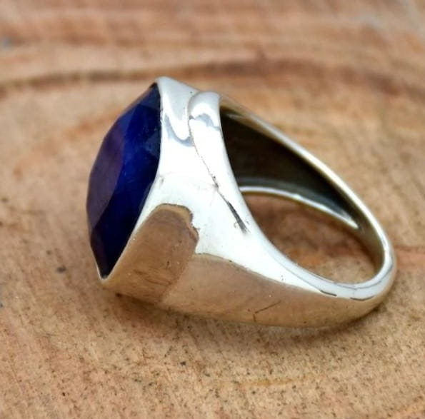 rings Indian Blue Sapphire 925 Sterling Silver Ring Handmade Jewelry,Cushion Gemstone Gift for someone you love - by InishaCreation
