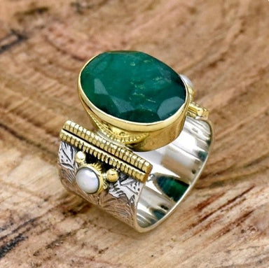 rings Indian Emerald & Pearl Ring Wide Band Flower Textured Two Tone Statement Fresh Water - by InishaCreation